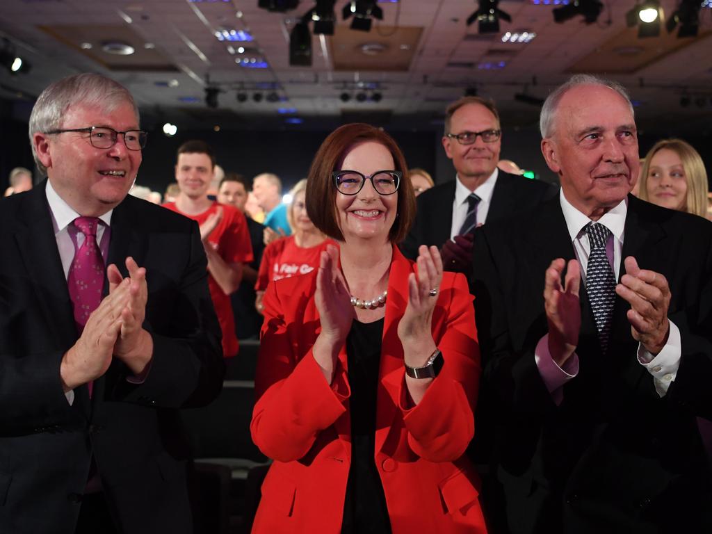 The Labor Party presented a united front last week with former Australian Prime Ministers Kevin Rudd, Julia Gillard and Paul Keating front and centre. Picture: Lukas Coch 