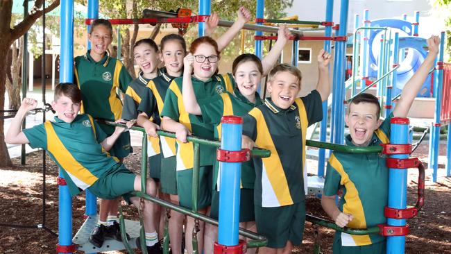 St Francis Xavier Primary School has celebrated solid NAPLAN scores. Photo of year 5 students (L-R) Adam Docherty, Sofia Stoeckl, Abigail Harrison, Charlotte Barnes, Aria Cook, Mia Nicholson, Bailey McMah, Jed Rice. Photo by Richard Gosling