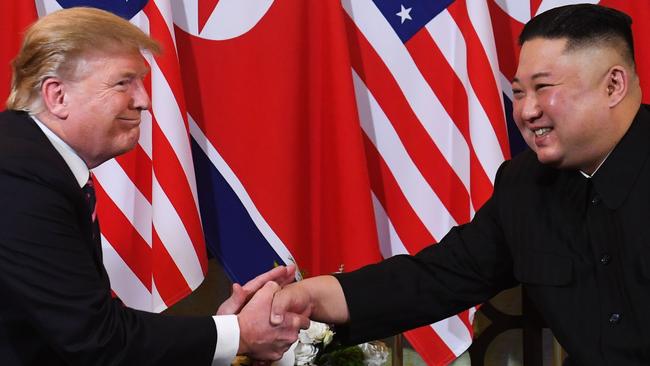 Donald Trump and Kim Jong-un open talks in Hanoi last month. Picture: AFP