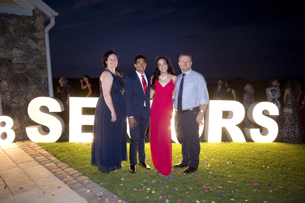 Celebrating the graduation Eden, from left; Bianca Lingard, Semisi Maile, Eden Lingard and Rick Lingard. Eden lingard (graduate thrid from left) wiThe first group of Year 12 students to graduate from TACAP's held their formal at Preston Peak Winery. November 2018. Picture: Bev Lacey