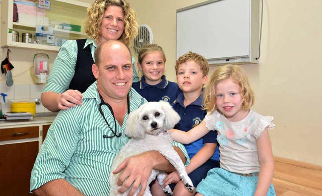 Bent Street Vets is now owned by Hannah and Geoff Collyer, pictured with their children Emily, James and Kaitlyn and a patient called Emmy. Picture: Tanya Easterby