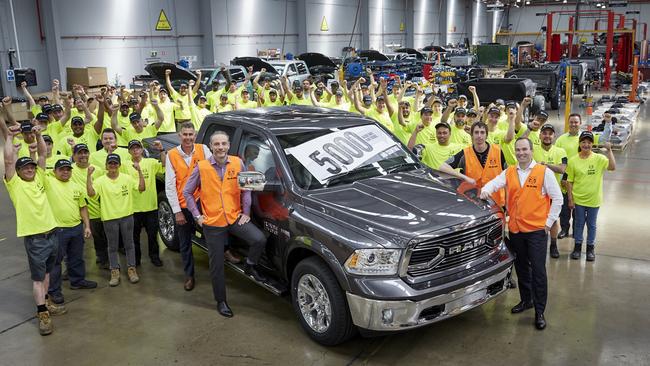 Ram Trucks Australia employees with the 5000th ute remanufactured in Melbourne. Photo: Cameron Murray