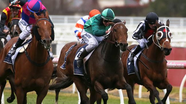 Humidor powers to the line to win the Memsie Stakes with Damien Lane on board. Picture: AAP