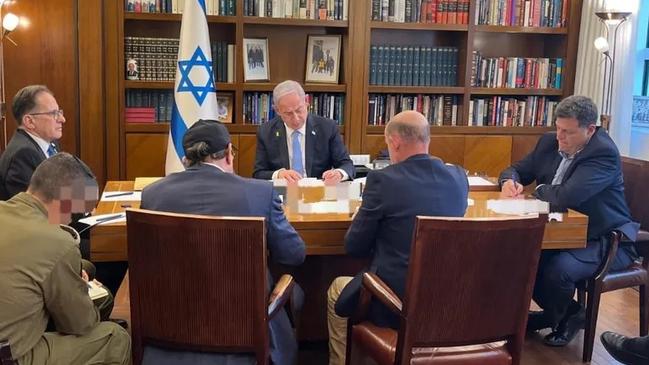 Israeli Prime Minister Benjamin Netanyahu and his advisers hold a phone call with US President Joe Biden. Picture: Israel Prime Minister’s Office.