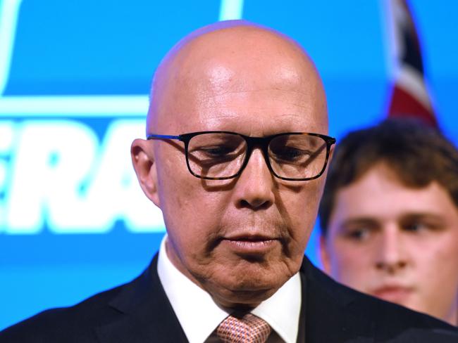 Opposition Leader Peter Dutton concedes defeat during a Liberal Party election night event in Brisbane. Picture: Dan Peled