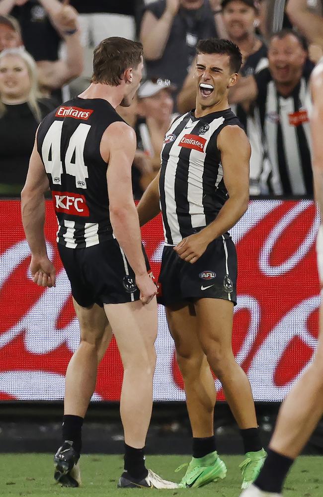 Nick Daicos celebrates his third-quarter goal against the Power. Picture: Michael Klein