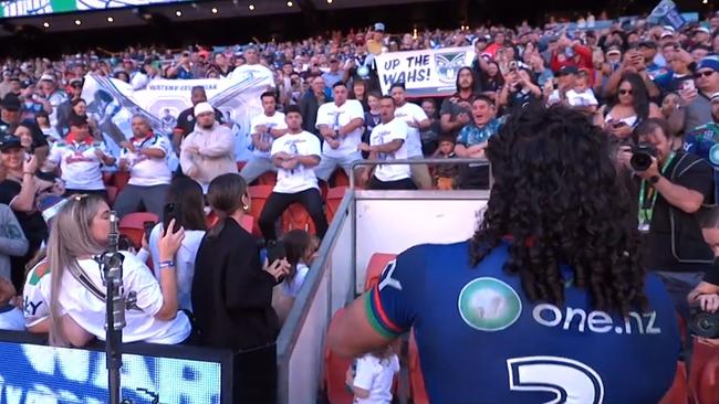 DWZ celebrates his 200th game in style with a Haka. Photo: Fox League.