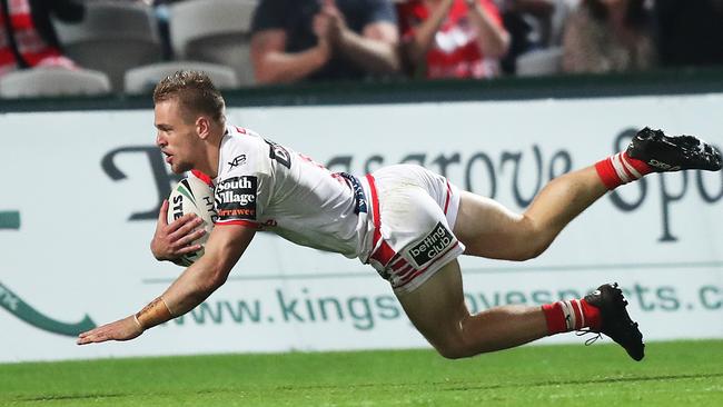 St George's Matt Dufty scores a try during the St George v South Sydney rugby league match at Jubilee Oval, Kogarah. Picture: Brett Costello