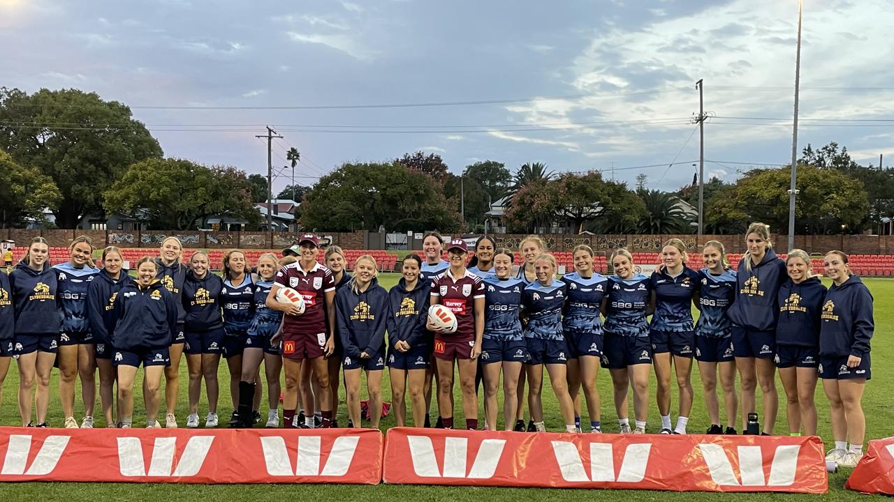 State of Origin and Western Clydesdales players Ali Brigginshaw and Shenae Ciesiolka surprise Clydesdales junior girls players with news they will attend game one in the Women's State of Origin series.