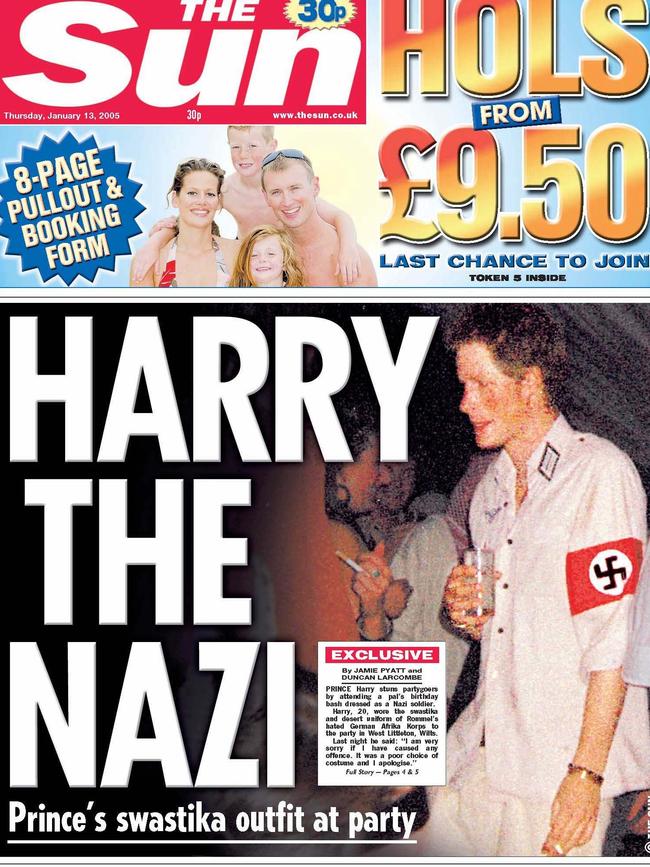 Front page of The Sun newspaper featuring Prince Harry wearing a Nazi shirt at a fancy dress party.