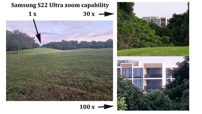 Samsung Galaxy S22 Ultra zoom capability. The building is hardly visible in the left hand photo – click image to enlarge