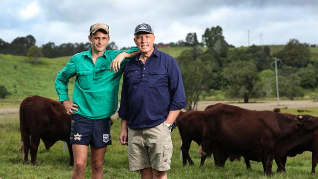 Opposition Leader Peter Dutton and his son Tom at his Dayboro farm which is now his only listed property after selling off his Brisbane CBD investment unit last year.