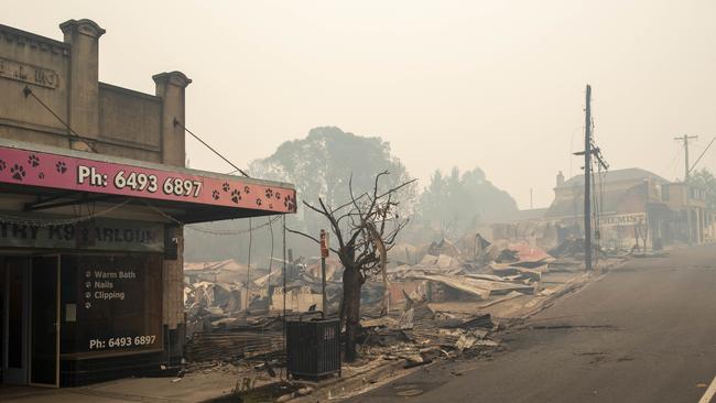 Buildings destroyed by fire are seen on the Main Street of Cobargo. Picture: AAP