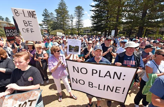 B-Line extension protesters gather near the surf club at Newport on October 22 last year. Picture: AAP IMAGE/Troy Snook