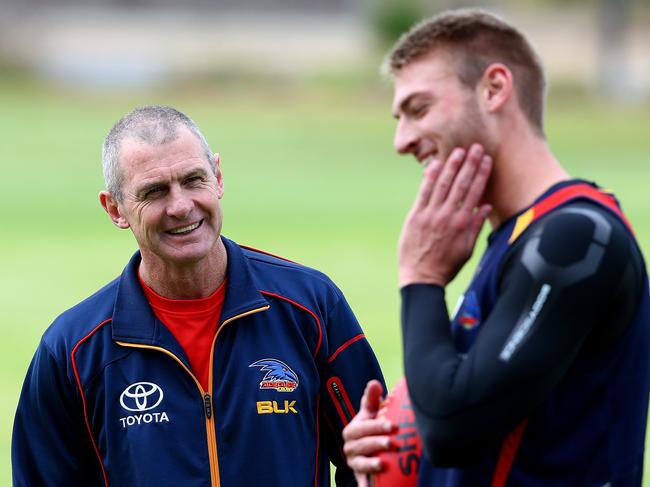 Crows training on Max Basheer Reserve. Phil Walsh and Daniel Talia have a chat. Photo Sarah Reed