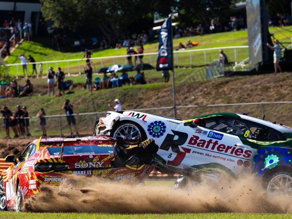 Andre Heimgartner climbed the car of Cooper Murray during the opening lap of the Darwin Triple Crown. Picture: Daniel Kalisz/Getty Images