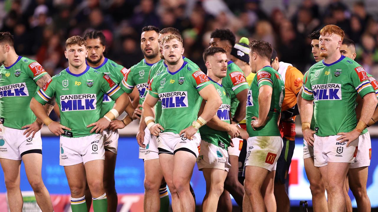CANBERRA, AUSTRALIA – MAY 22: The Raiders look dejected after a try during the round 11 NRL match between the Canberra Raiders and the Melbourne Storm at GIO Stadium, on May 22, 2021, in Canberra, Australia. (Photo by Mark Kolbe/Getty Images)