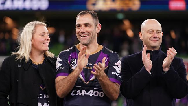 The Smiths and Todd Greenberg during Cameron’s 400th game celebration. Picture: Scott Barbour