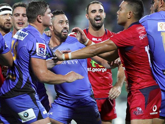 Players scuffle during the Round 2 Super Rugby match between the Western Force and the Queensland Reds at NIB Stadium in Perth, Thursday, March 2, 2017. (AAP Image/Richard Wainwright) NO ARCHIVING, EDITORIAL USE ONLY