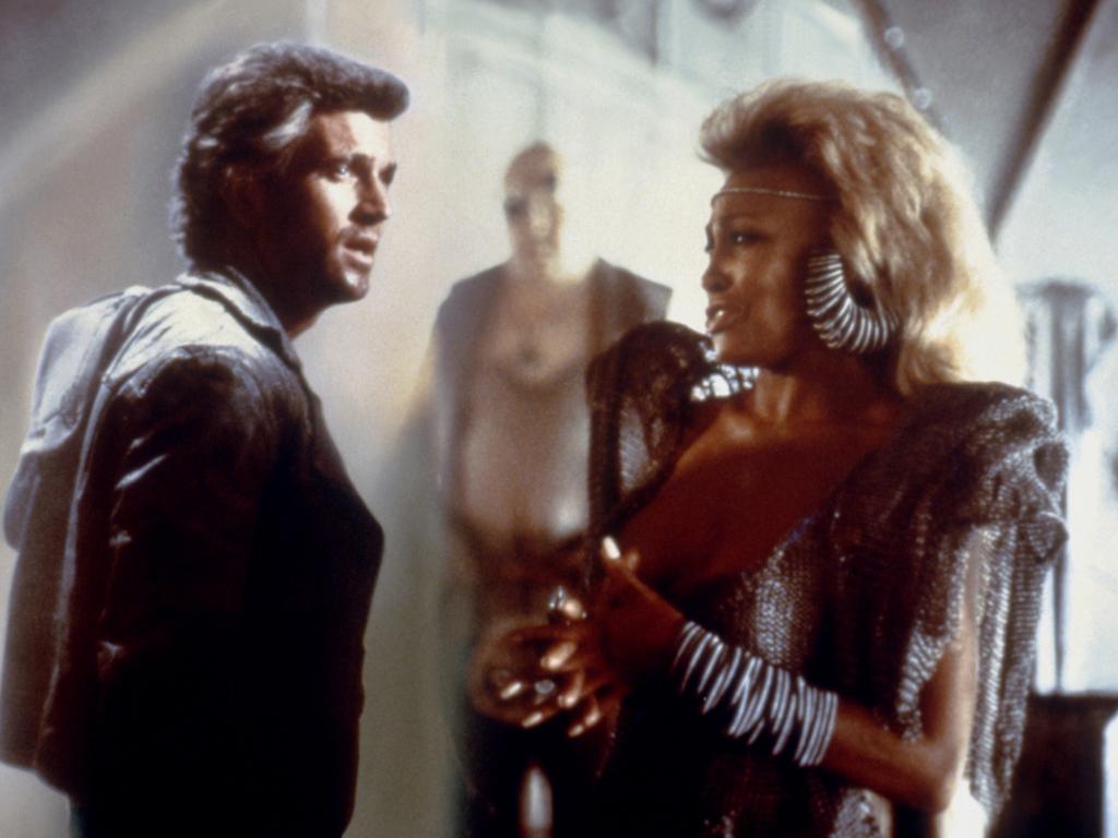 Tina Turner and Aussie star Mel Gibson on the set of Mad Max Beyond Thunderdome. Picture: Getty Images