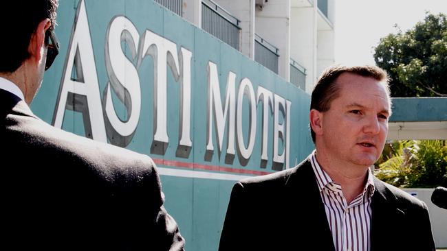 Former Immigration minister Chris Bowen speaks to media outside the Asti Hotel in Darwin in 2011.