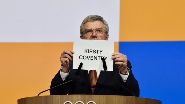 Outgoing IOC President, Thomas Bach, announces that Kirsty Coventry is elected as his replacement. Picture: Milos Bicanski/Getty Images