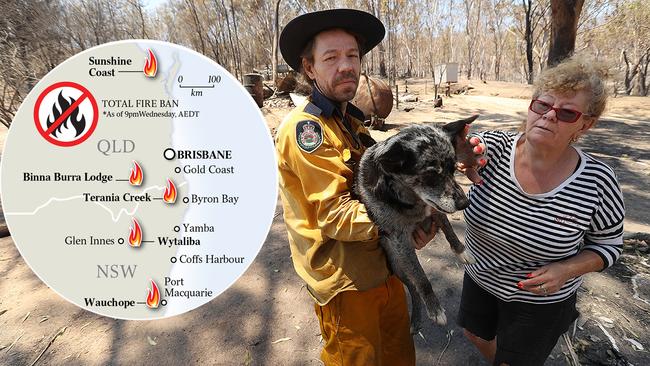 Wytaliba residents Lukas Smola and his mother Louisa Smola with their dog they rescued when bushfires hit their region east of Glen Innes, NSW. Inset: Where fires are still raging. Picture: Lyndon Mechielsen