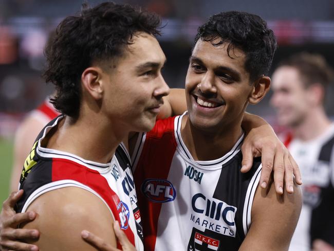 MELBOURNE, AUSTRALIA - APRIL 08: Mitch Owens and Nasiah Wanganeen-Milera of the Saints embrace after  the round four AFL match between St Kilda Saints and Gold Coast Suns at Marvel Stadium, on April 08, 2023, in Melbourne, Australia. (Photo by Darrian Traynor/Getty Images)
