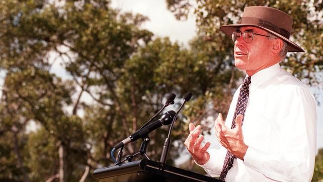 John Howard launches his Green Corps initiative in Brisbane’s Tinchi Tamba wetlands in 1997. Picture: Anthony Weate