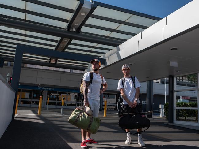 Jean-Baptiste Barraud and friend, Paul Angelloz-Nicoud say there are benefits to wearing masks. Picture: NCA NewsWire / Flavio Brancaleone