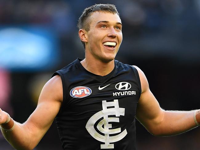 Patrick Cripps of the Blues reacts after kicking a goal during the Round 12 AFL match between the Carlton Blues and the Brisbane Lions at Marvel Satdium in Melbourne, Saturday, June 8, 2019. (AAP Image/Julian Smith) NO ARCHIVING, EDITORIAL USE ONLY