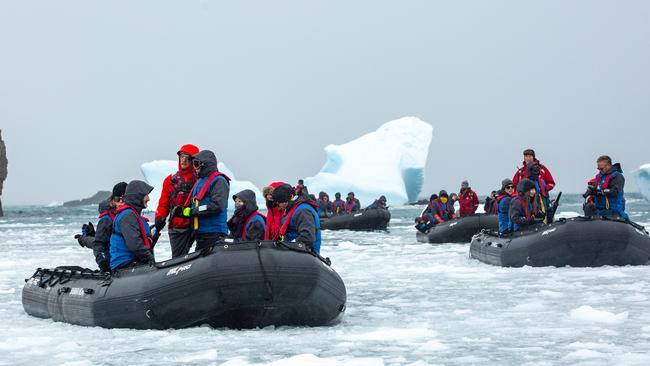 Zodiacs in the brash ice at Spert Island, Antarctica.