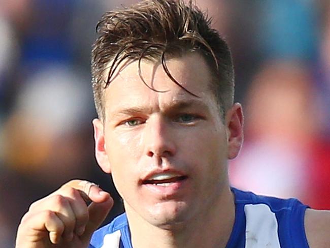 HOBART, AUSTRALIA - JULY 29:  Shaun Higgins of the Kangaroos celebrates a goal during the round 19 AFL match between the North Melbourne Kangaroos and the West Coast Eagles at Blundstone Arena on July 29, 2018 in Hobart, Australia.  (Photo by Michael Dodge/Getty Images)