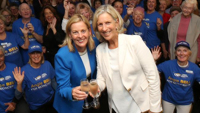 Re-elected Moncrieff MP Angie Bell and her partner Dr Ros Franklin with supporters at Southport Yacht Club. Picture: Mike Batterham