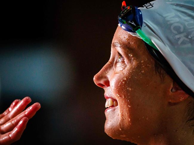 Emma McKeon reacts after competing in the womenâs 50 butterfly final during the Australian Open Swimming Championships at the Gold Coast Aquatic Centre on April 19, 2024. (Photo by Patrick HAMILTON / AFP) / -- IMAGE RESTRICTED TO EDITORIAL USE - STRICTLY NO COMMERCIAL USE --