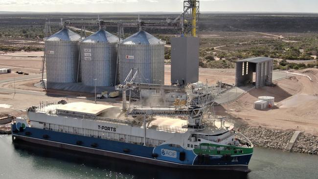 MV Lucky Eyre being loaded with barley for export at Lucky Bay on the Eyre Peninsula. Picture: Mark Thomas, Missing Link Media