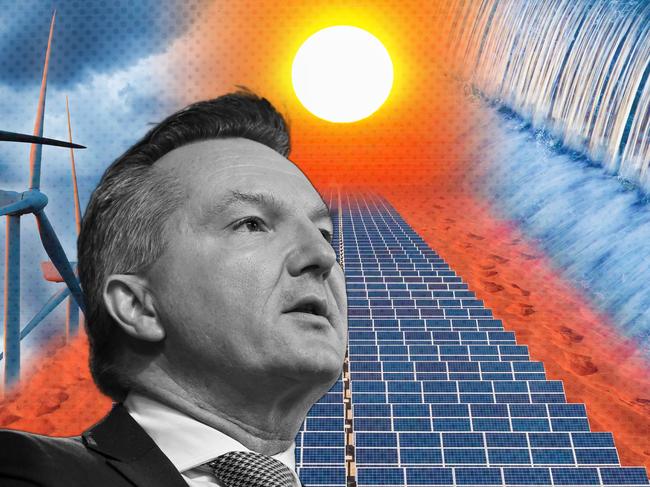 15 November 2024; A photo comp of wind power, solar power and hydro power with Chris Bowen overlayed at the front in black and white. Collage by Emilia Tortorella. Sources: iStock and supplied. Ratio 4:3. FOR DIGITAL.