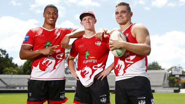 A selection of Dragons juniors who trained alongside the NRL squad during pre-season: (L-R) Finau Latu, Kade Reed and Hayden Buchanan. Picture: Richard Dobson