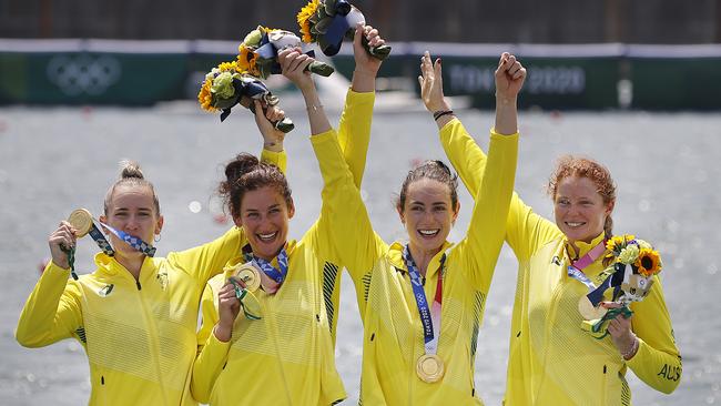 Lucy Stephan, Rosemary Popa, Jessica Morrison and Annabelle McIntyre celebrate their gold medal win. Picture: Alex Coppel