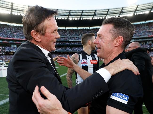 MELBOURNE, AUSTRALIA – SEPTEMBER 30: Collingwood President Jeff Browne and Craig McRae, Senior Coach of the Magpies celebrate during the 2023 AFL Grand Final match between the Collingwood Magpies and the Brisbane Lions at the Melbourne Cricket Ground on September 30, 2023 in Melbourne, Australia. (Photo by Dylan Burns/AFL Photos via Getty Images)