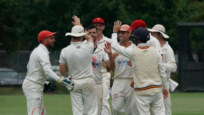 Premier Cricket: Richmond v Frankston Peninsula played at Central Reserve, Glen Waverley. Frankston players celebrate a wicket. Picture: Valeriu Campan