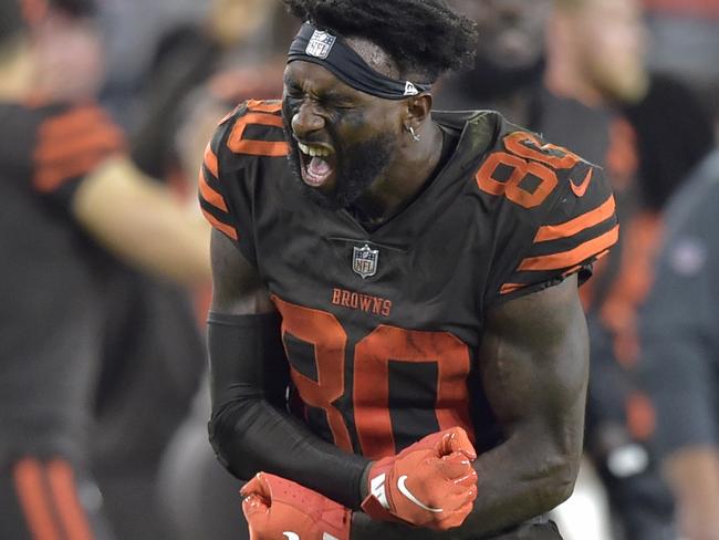 Cleveland Browns wide receiver Jarvis Landry celebrates after the Browns intercepted a New York Jets pass in the final minute of an NFL football game Thursday, Sept. 20, 2018, in Cleveland. The Browns won 21-17. (AP Photo/David Richard)