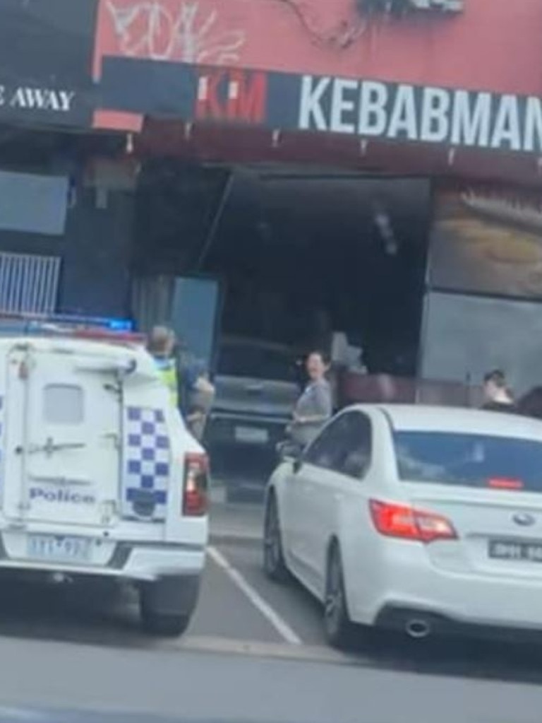 A woman is in hospital after her car crashed through a Geelong kebab shop on Friday. Photo: Facebook.