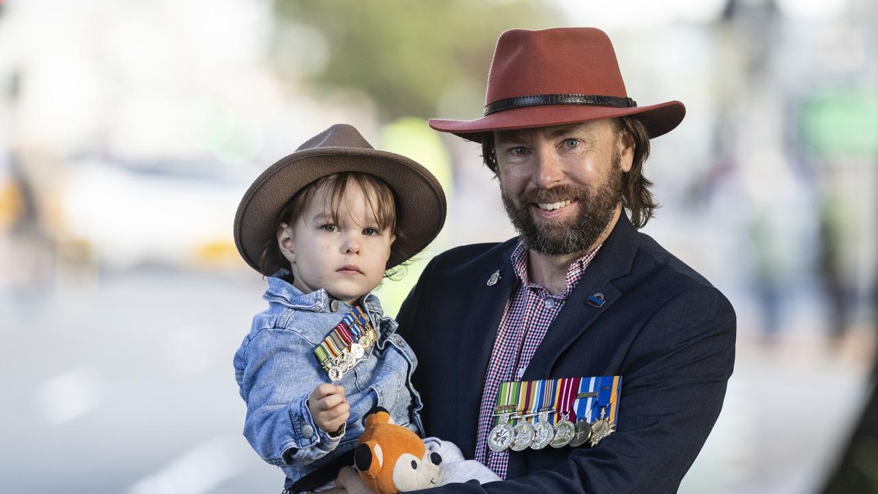 Riley (left) and Ben Quirke before marching to the Mothers' Memorial for the mid-morning Toowoomba Anzac Day service, Tuesday, April 25, 2023. Picture: Kevin Farmer