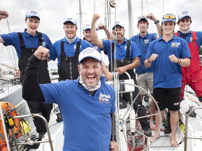 Launceston to Hobart handicap winner Detail First, skipper Scott Broadby and crew Tom Males, Brian Corcoran, James Butler, John Ryan, Callum Hollingsworth, Will Sargent and Max Cottier at Hobart. Picture Chris Kidd