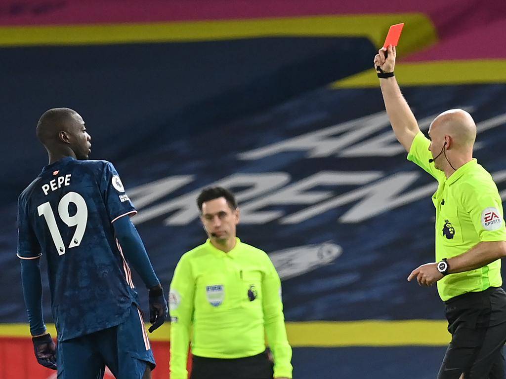 Arsenal midfielder Nicolas Pepe is shown a red card.