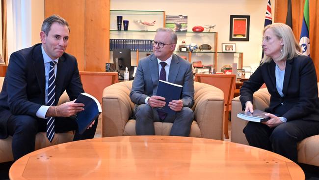 Treasurer Jim Chalmers, Prime Minister Anthony Albanese and Finance Minister Katy Gallagher in Canberra this week. Picture: AAP