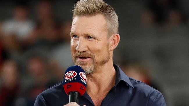 MELBOURNE, AUSTRALIA - MARCH 05: Nathan Buckley is seen commentating for FOX Footy during the 2022 AFL Community Series match between the Essendon Bombers and the St Kilda Saints at Marvel Stadium on March 5, 2022 In Melbourne, Australia. (Photo by Michael Willson/AFL Photos via Getty Images)