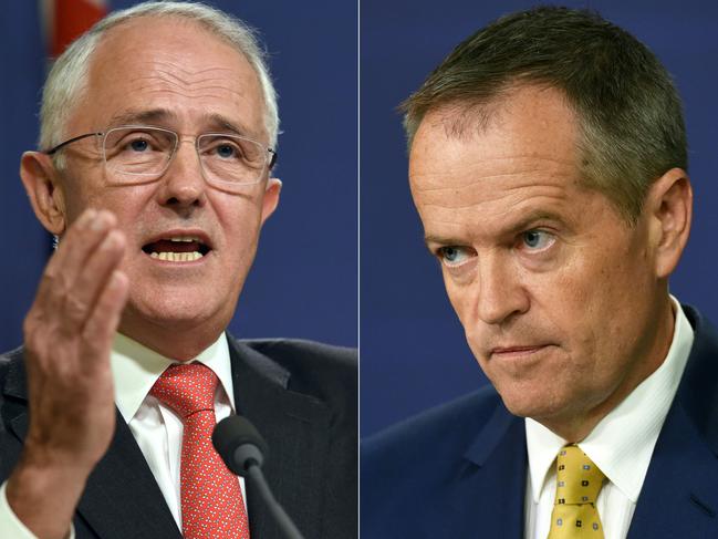 (COMBO) This combination of pictures created on May 8, 2016 shows Australian Prime Minister Malcolm Turnbull (L) speaking at a press conference in Sydney on May 6, 2016, where he announced Singapore will invest up to 1.67 billion USD in Australia's defence infrastructure and hike the number of its troops training here as the nations deepen trade and defence ties, and Australia's opposition Labor Party leader Bill Shorten (R) speaking to the media in Sydney after Australia's Prime Minister threatened on March 21, 2016, to hold early general elections in July unless the upper house agrees to pass deadlocked legislation to overhaul unions. Turnbull on May 8, 2016 called an election for both houses of parliament on July 2 as he seeks his own mandate with the public just eight months after deposing predecessor Tony Abbott in a party coup. / AFP PHOTO / William WEST AND William WEST