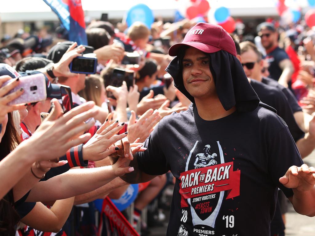 Roosters Latrell Mitchell during the Sydney Roosters fan day outside the Hordern Pavilion, Sydney after the Roosters 2019 NRL Premiership win. Picture: Brett Costello